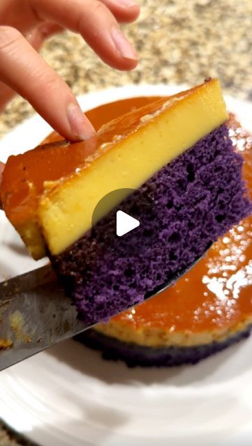 Tracey Le | Homecooked Asian Recipes & more on Instagram: "During my travels in the Philippines, I stumbled upon a street vendor selling this Filipino dessert called Ube Leche Flan Cake. I was hesitant to try it due to concerns about food safety. So that’s when I was inspired to make some once I flew back home! 🍮🇵🇭  𝗜𝗻𝗴𝗿𝗲𝗱𝗶𝗲𝗻𝘁𝘀: 𝘊𝘢𝘳𝘢𝘮𝘦𝘭: 🔸 ¾ cup Sugar  𝘓𝘦𝘤𝘩𝘦 𝘍𝘭𝘢𝘯: 🔹 6 Large Egg Yolks 🔹 1 cup Condensed Milk 🔹 ¾ cup Evaporated Milk 🔹 1 packet Vanilla Sugar  𝘊𝘢𝘬𝘦 𝘉𝘢𝘵𝘵𝘦𝘳: 🔺 4 Large Egg Yolks 🔺 ⅓ cup Sugar 🔺 ¼ cup Milk 🔺 ¼ cup Neutral oil 🔺 1 tsp Ube Flavor (Butterfly brand) 🔺 1 cup Cake Flour 🔺 1 ½ tsp Baking Powder 🔺 ½ tsp Salt  𝘔𝘦𝘳𝘪𝘯𝘨𝘶𝘦: ▫️ 4 Egg White ▫️ ½ tsp Cream of Tartar ▫️ ⅓ cup Sugar  𝗜𝗻𝘀𝘁𝗿𝘂𝗰𝘁𝗶𝗼𝗻𝘀: 1. Start by m Recipes Using Ube Condensed Milk, Leche Flan Recipe Philippines, Ube Flan Cake Recipe, Ube Leche Flan Cake, Leche Flan Cake Recipe, Ube Flan, Leche Flan Cake, Flan Cake, Filipino Dessert