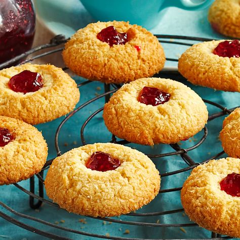 Coconut jam drops | Women's Weekly Food Coconut Jam Drops, Jam Drops Recipe, Jam Drop Biscuits, Thumbprint Cookies Christmas, Coconut Drops, Jam Drops, Coconut Jam, Jam Thumbprint Cookies, Coffee Cheesecake