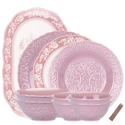 PRICES MAY VARY. EXQUISITE DESIGN: Our ceramic serving plates are crafted in the French style and feature an attractive three-dimensional relief design. Perfect for afternoon tea or a special occasion, adding a touch of vintage sophistication to your table 14-PIECES DINNER SET: This set includes four 4.8-inch rice bowls, two 6.5-inch noodle bowls, one 8-inch deep plate, one 9-inch shallow plate, one 11-inch shallow plate, one 11-inch fish plate, and four pairs of chopsticks. The large portion di Cute Silverware Set, Tea Party Table Settings, Purple Plates, Pink Dinnerware, Dinner Bowl, Dishware Sets, Vintage Crockery, Relief Design, Plates And Bowls Set