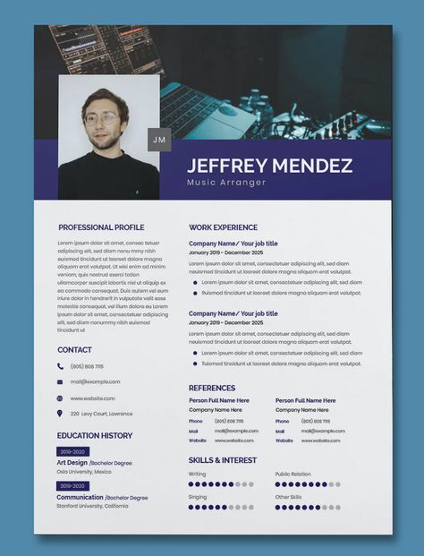 Musician Portfolio, It Cv, Business Resume, Professional Cv, Cv Resume, Resume Design Template, Music Business, Job Application, Job Title