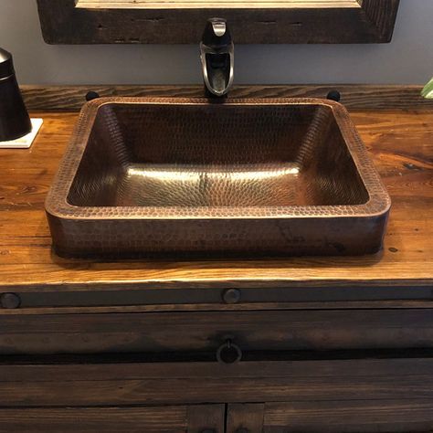 Rustic Bathroom Sink, Hammered Copper Sink, Copper Vessel Sinks, Barn Remodel, Oil Rubbed Bronze Bathroom, Copper Sink Bathroom, Rectangular Sink Bathroom, Copper Vessel, Copper Bathroom