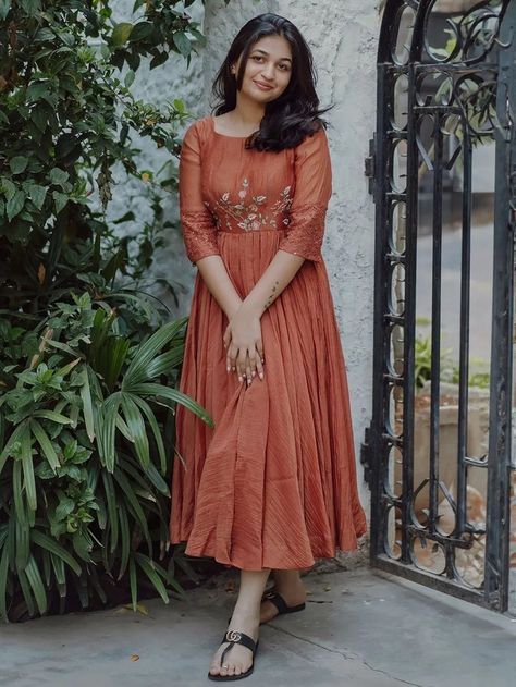 Buy Brown Hand Embroidered Chanderi Dress | BLSM02/SBUS1 Hands Models For Long Frocks, Cotton Frocks For Women, Long Frock Models, One Piece Dress Design, Long Frocks For Women, Frocks For Women, Chanderi Dress, Dress Designs For Stitching, Frock Models