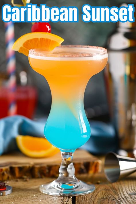 Transport yourself to a sun-drenched paradise with our Caribbean Sunset cocktail. This vibrant libation captures the essence of tropical bliss, blending vodka, coconut rum, blue curacao, and orange juice into a symphony of flavors. Royal Drink, Cocktails With Blue Curacao, Shots Alcohol Recipes, Tropical Drink Recipes, Crown Royal Drinks, Fruit Facts, Caribbean Sunset, Sunset Cocktail, Sunset Drink