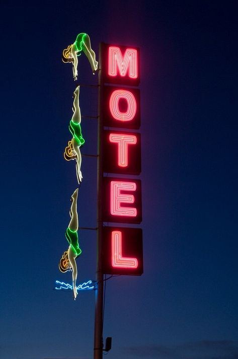 Iconic diving lady neon sign (recently restored) on the Starlite Motel, Mesa, AZ Old Neon Signs, Roadside Signs, Retro Signage, Motel Sign, Vintage Neon Signs, Neon Nights, Retro Sign, Hotel Motel, Old Signs