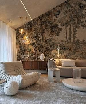 Belarte studio wall mural/decor living aesthetic Muted Tones Living Room, Brown Wallpaper Room, Green Luxury Aesthetic, Modern Antique Living Room, Beige Tapestry, Beige Landscape, Tapestry Landscape, Brown Tapestry, Tapestry Wallpaper