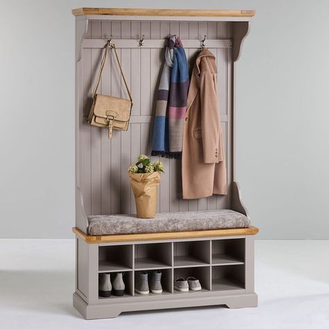 Grey Hallway Stand | Grey Hall Tidy - Truffle Fabric | Oak Furnitureland Coat Hooks And Shoe Storage, Cloakroom Ideas Coats, Hallway Seating Ideas, Shoe And Coat Storage Entryway, Hallway Coat And Shoe Storage, Narrow Mudroom Ideas Entryway, Coat Stand Hallway, Coat Hooks Hallway, Coat Cupboard