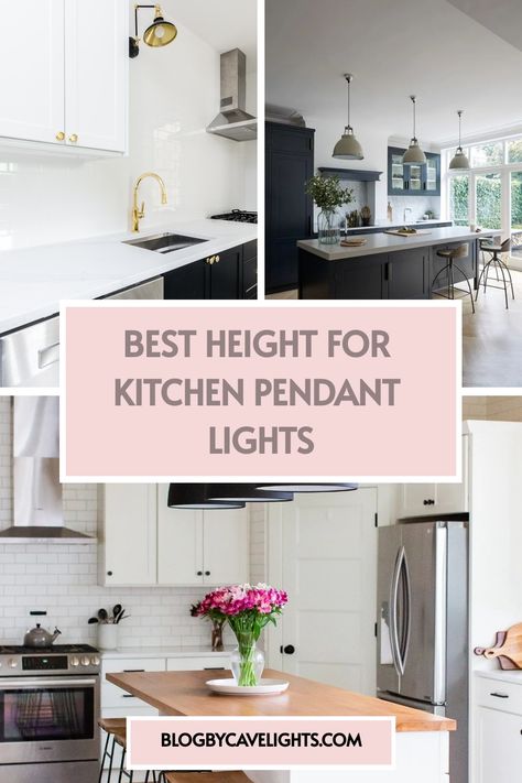 🌟 Illuminate your kitchen like never before! Learn how high to hang pendant lights to perfectly complement your kitchen cabinets and kitchen interior. Click now for our expert tips on achieving stunning kitchen lighting fixtures! 💡🏡 Narrow Kitchen Lighting Ideas, Height Of Pendant Over Island, Matching Kitchen Light Fixtures, Kitchen Pendants Over Sink, Lights For Over Kitchen Island, Small Kitchen Lighting Fixtures, Over Kitchen Sink Light, Kitchen Bar Lighting Ideas, Two Pendant Lights Over Kitchen Island