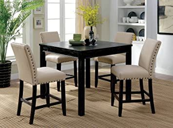 Benjara Dining 5 Piece Wooden Counter Height Table Set in Antique Black and Beige Modern Round Kitchen Table, Round Kitchen Table Set, Black Dining Table Set, Counter Height Dining Table Set, Counter Height Table Sets, Rustic Counter, Round Dining Table Modern, Round Kitchen Table, Solid Wood Dining Set