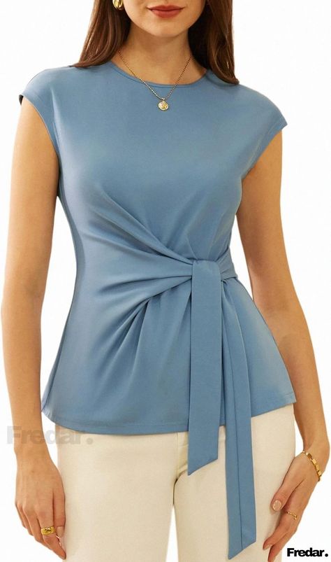 Irregular Short Sleeve Blouse with Bow-Tie Straps and V-neck Blouse With Bow, Cap Sleeves Blouse, Tunic Tops Casual, Casual Tunics, Cap Sleeve Top, Elegant Blouses, Vetements T Shirt, Business Shirts, Solid Color Shirt