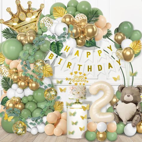 PRICES MAY VARY. 💚【Slmeno Sage Green Balloons Pack Include】 72 high quality latex balloons different sizes (sage green, metallic gold, pearl white, beige, gold confetti), 3 giant foil balloons (number 2 balloons, Bear with love, crown), 1 Happy Birthday Banner, 11 cupcake/cake toppers, 12pcs 3D butterfly assorted sizes, 2.1 meters of megali vine, 11 artificial leaves with stems (3 type), number 2 candles, 16.5ft balloon chain, 100 balloon glue dots, Ribbon and Straw. Everything you need in one 21 Balloons, Balloons Number, Sweet 16 Party Decorations, Green Balloons, 18th Birthday Decorations, 16th Birthday Decorations, 16 Balloons, Birthday Party Venues, 3 Candles