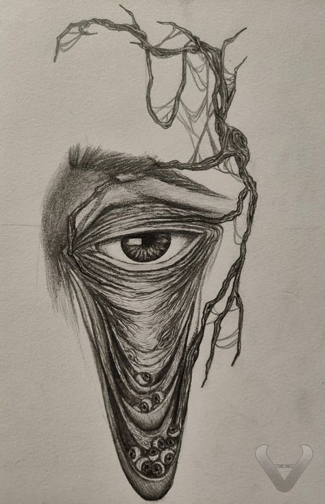 Tired eye fused with a branch Emotions Through Eyes, Drawing Eyes From The Side, Abstract Art On Paper, Out Of Place Drawing, Eye With Wings Drawing, Eye Drawing Creepy, Scared Person Drawing, Doe Eyes Drawings, Psychology Art Drawing