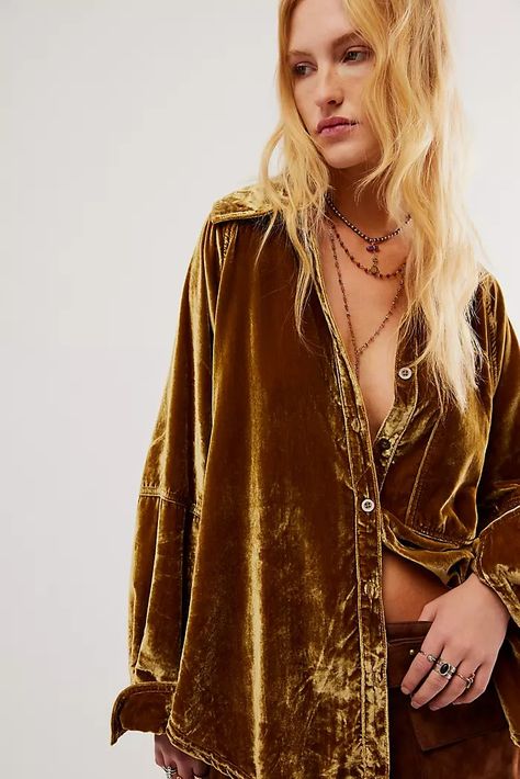 Button Down Shirts | Free People Brown Fits, Velvet Top, Boho Tunics, Henley Top, Oversized Top, Flowy Tops, Striped Tank Top, Velvet Tops, Night Skies