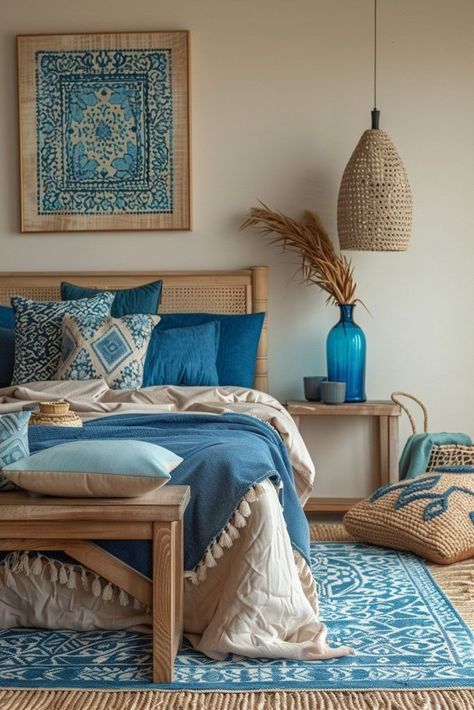 Blue Boho Bedroom Ideas, Blue Boho Bedroom, Bedroom Schemes, Boho Bedroom Ideas, Neutral Room, Bohemian Aesthetic, Simple Room, The Bohemian, Bedroom Boho