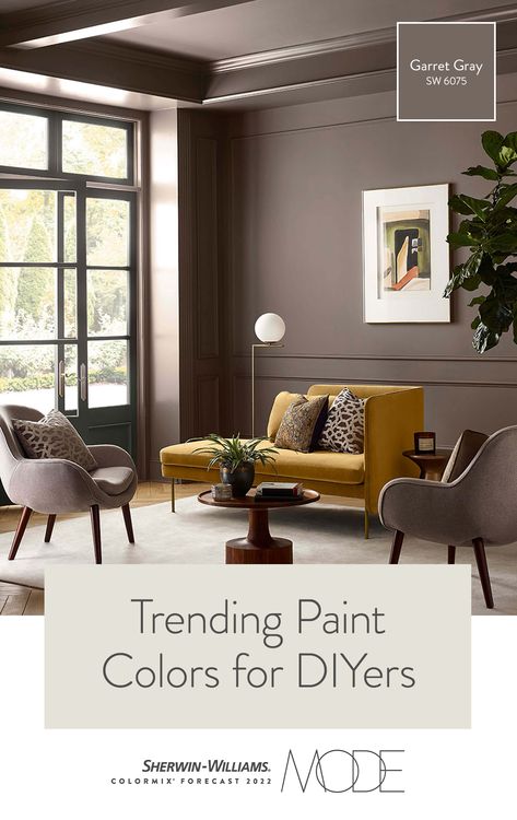 Are you a DIYer who wants to choose on-trend colors for your next painting project? Tap this pin to learn all about the Sherwin-Williams 2022 Colormix® Forecast featuring 40 unique colors across four distinct palettes, then get tips from our Director of Color Marketing, Sue Wadden, on how to use these hues in your home. #sherwinwilliams #colormixforecast #color #diy #design #paint #painting Sherwin Williams Settlement Paint, Sepia Paint Color, Sherwin Williams Garret Gray, Sherwin Williams Dusted Truffle, Brown Paint Dining Room, Socialite Sherwin Williams, Castlegate Sherwin Williams, Sherwin Williams Chinchilla, Sable Sherwin Williams