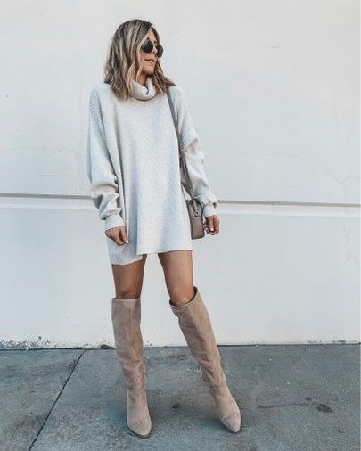 Knee High Boots Sweater Dress, Wrap Dress With Tall Boots, Sweater Dress With Over The Knee Boots, Sweater Dress And Tall Boots, Sweater Dress Tights And Boots, Baggy Sweater Dress, Sweater Dress Tall Boots, Oversized Sweater Dress With Boots, Tall Taupe Boots Outfit