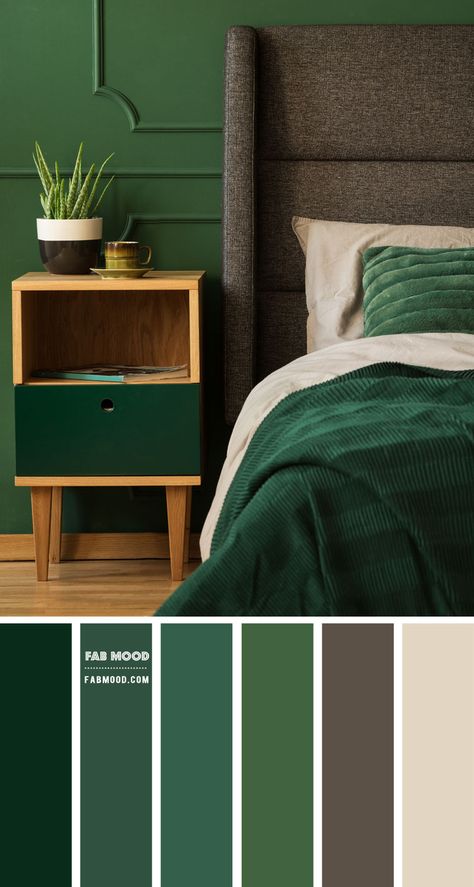 Dark Green Bedroom Palette, Shades Of Green Paint Bedroom, Emerald And Grey Bedroom, Green And Dark Grey Bedroom, Green Accent Wall Bedroom Paint Color, Shades Of Green Bedroom Ideas, Green Bedrooms Color Schemes, Room Color Schemes Green, Shade Of Green Palette