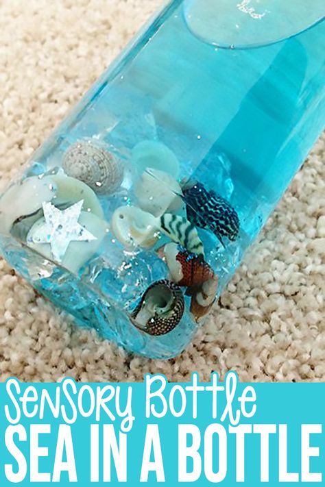 Beach Sensory Bottles, Aquarium Sensory Bottle, Tide Pool In A Bottle Craft, Seek And Find Bottle, Sea Themed Crafts For Kids, Jellyfish Sensory Bottle, Diy Under The Sea Decorations Ideas, Ocean Themed Crafts For Older Kids, Breaker Rock Beach Preschool Crafts