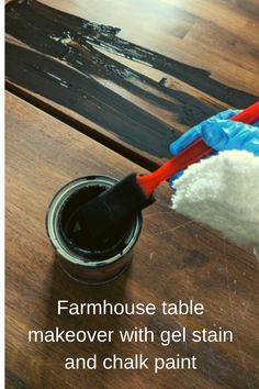 Farmhouse Table Paint Ideas, Gel Stain Dining Room Table, Gel Stain Kitchen Table, Kitchen Table Makeover Paint, Stain Over Chalk Paint, Old Dining Table Makeover, Gel Stain Table, Farmhouse Dining Table Makeover, Farmhouse Table Makeover