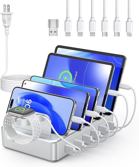 Charging Station for Multiple Devices Apple, 50W 6 Port & 6 Cables Charging Station for Apple Devices with Apple Watch Holder,Charging Dock for Cellphone, Kindle, Tablet and Other Electronic (Sliver) Apple Watch Holder, Charging Station Organizer, Iphone Charging Station, Kindle Tablet, Apple Charging Station, Apple Watch Stand, Charger Station, Computer Camera, Watch Holder