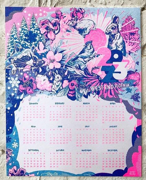 Yearly Calendar Design, Calendar Illustration Design, Riso Calendar, Risograph Calendar, Graphic Design Calendar, Risograph Illustration, Artist Calendar, 2d Images, New Year Friends