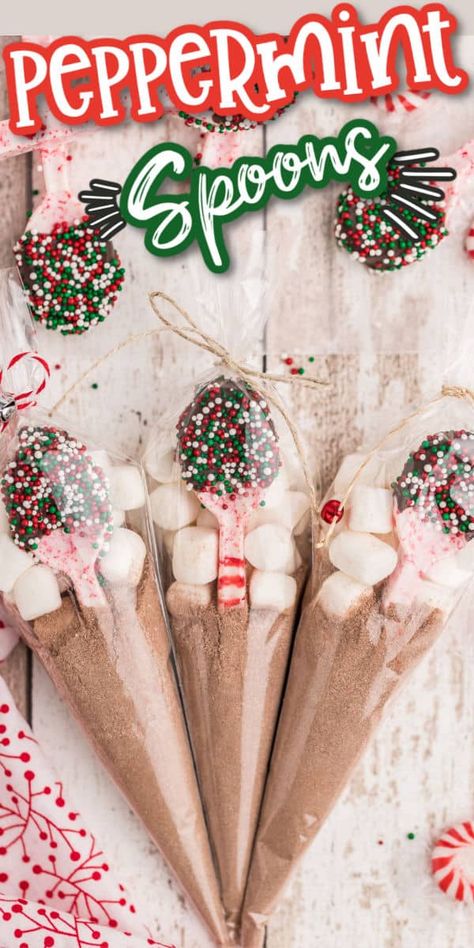 Chocolate Packing Ideas Gift Homemade, Peppermint Spoons, Candy Spoons, Christmas Routine, Cocoa Spoons, Hot Chocolate Spoons, Diy Hot Chocolate, Hot Chocolate Gifts, Hot Chocolate Gift