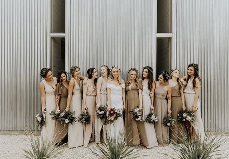 modern, boho, minimalist wedding at Prospect House in Dripping Springs, TX BHLDN Blake gown Taupe, tan, mismatched bridesmaids dresses Taupe Bridesmaid, Taupe Bridesmaid Dresses, Dusty Orange, How To Dress For A Wedding, Orange Bridesmaid, Fall Bridesmaids, Stunning Bridesmaid Dresses, Orange Chiffon, Mismatched Bridesmaid Dresses