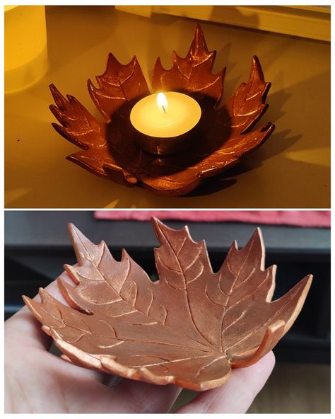 diy, clay, handmade, tealight holder, fall, autumn, herfst Clay Tealight Holder Diy, Clay Tealight Holder, Bronze Paint, Modelling Clay, Acrylic Varnish, Diy Diwali Decorations, Autumn Tea, Baking Clay, Diwali Diy