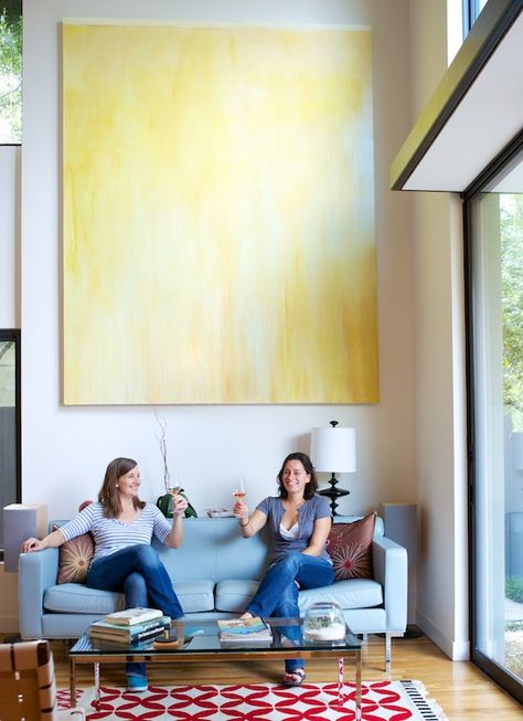 Big Art Project Ideas, Big Art Pieces Living Room, Oversized Art Living Room, Wall Art Over Couch, Giant Painting, Scale Painting, Giant Wall Art, Remodel House, Yellow Artwork