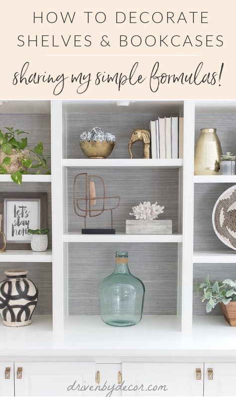 Decorating Built In Shelves, Decorating Built Ins, Arranging Bookshelves, Dorm Room Shelves, How To Decorate A Bookshelf, Decorate A Bookshelf, Bookshelves Ideas, Shelf Decorating, Home Remodel Before And After