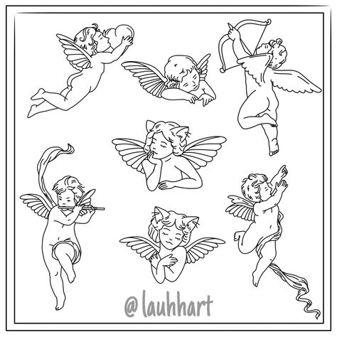 Angel Flash Tattoo Ideas, Angel Fine Line Tattoo, Angel Tattoo Flash, Fine Line Angel Tattoo, Angel Flash Tattoo, Cherubim Angels Tattoo, Valentines Flash, Flash Sheets, Meaningful Tattoo Quotes