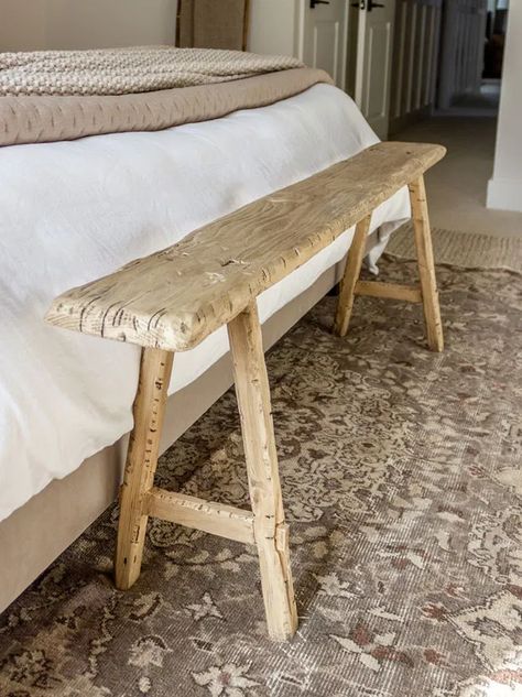 Rustic Farmhouse Dining Table Decor, Noodle Bench, Casaluna Bedding, Bedroom Earthy, Neutral Guest Bedroom, Headboard Modern, Rustic Wood Bench, Bedroom Neutral, Diy Wood Bench