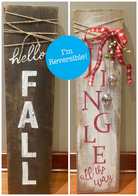 Diy Reversible Holiday Signs, Reversible Outdoor Signs, Reversible Wood Signs, Reversible Fall And Christmas Sign, Fall Porch Signs Reversible, Porch Leaners, Front Porch Signs, Scrap Wood Projects, Diy Wood Signs