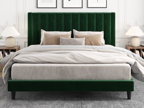 Green Headboard, Platform Bed Frame With Headboard, Velvet Bed Frame, Tufted Platform Bed, Frame Storage, Canopy Bed Frame, Velvet Upholstered Bed, Bed Frame With Headboard, Velvet Headboard