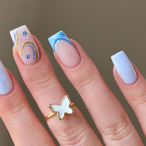 French Nail Ideas Short, Turkish Eye Nails French Tip, Summer Nails For Spain, Blue Biab Nails Designs, Builder Gel Designs, Cool Nails Short, Evil Eye Gel Nails, Rounded Nail Ideas, Natural Nails Designs Short