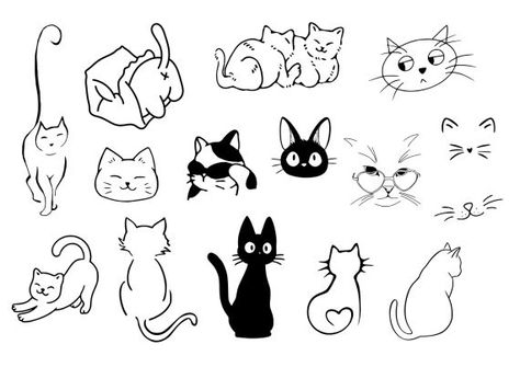 Cute Cat Tattoo Set Vector (EPS, SVG) Cat Symbol Tattoo, Cute Simple Cat Tattoos, Cat Head Tattoo Simple, Small Cat Doodle, Cat Henna Designs, Cat Face Tattoo Simple, Cat Tattoo Designs Simple, Cat Pet Tattoo, Cat Tatoos Ideas