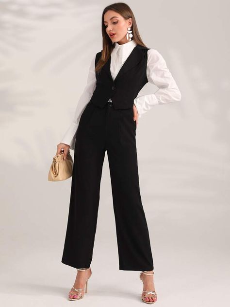 Free Returns ✓ Free Shipping✓. SHEIN Mulvari Solid Vest Blazer & Pants Set Without Shirt- Women Suit Sets at SHEIN. Coat Pant Outfits For Women, Black Vest Set Outfit, Sleeveless Waist Coat Outfit Women, Black Vest Office Outfit, Vest Suits For Women Outfit, Waist Coat And Pants Women, Shein Suits For Women, Waist Coat Outfit Women Casual, Black Waist Coat Outfit Women