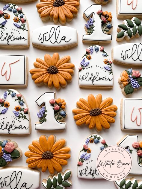 Our little wildflower cookies Flower First Birthday Cookies, One Year Old Flower Birthday Party, Wildflower Second Birthday Party, Wildflower Tattoo With Name, Wildflower Bday Party, Wildflower 1st Birthday Party Food, Wildflower Party Theme Table Settings, Wildflower 1st Birthday Party Theme, Fall Wildflower Birthday Party Girl