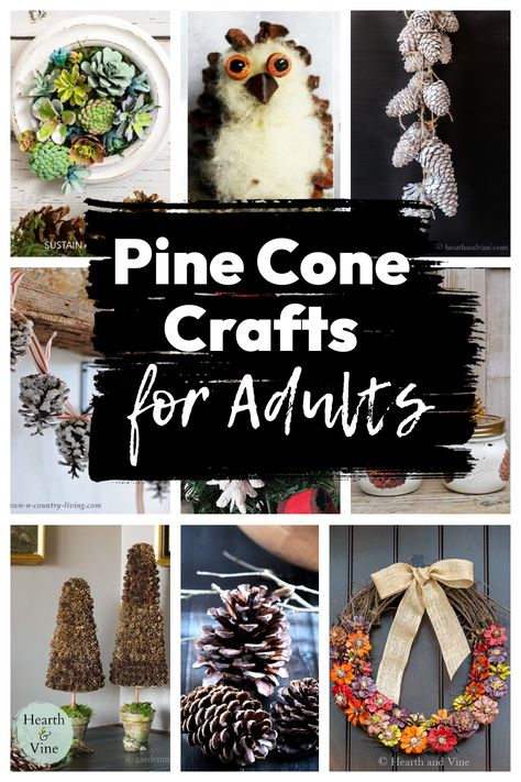 Collage of pine cone crafts including a wreath, an owl, garlands, waxed pine cones and more. Easy Pine Cone Christmas Crafts, Pine Cone Ideas Diy Crafts, Christmas Pinecones Decorations Diy, Pine Cone Crafts For Adults, What To Do With Pine Cones, Large Pinecone Crafts, Pinecone Decorations Diy, Pine Cone Crafts Diy, Diy Nature Crafts