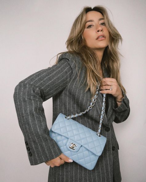 Which one do you prefer? Classic Flap 22S Light Blue Caviar or CC 19 22S Light Blue Lambskin? 🩵 Handbags Wardrobe, Handbags Wallpaper, Luxury Handbags Louis Vuitton, Office Handbags, Wallpaper Luxury, Handbags White, Luxury Office, Bag Outfit, Authentic Bags