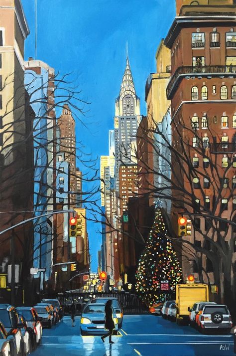 New York Christmas Aesthetic, New York Painting, Christmas In New York, New Yorker Covers, Christmas Aesthetic Wallpaper, 강아지 그림, Christmas Painting, Nyc Art, City Painting