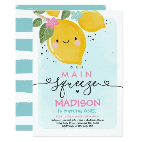 Lemon Birthday Invitation Our Main Squeeze Party Lemon Themed Party, Lemon Birthday, Lemonade Birthday, Summer Birthday Invitations, Lemonade Party, Sunshine Birthday, First Birthday Party Themes, First Birthday Themes, Main Squeeze