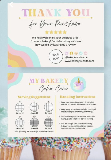 Baking Business Cards, Cake Serving Guide, Cake Care Card, Cake Business Cards, Bakery Business Plan, Home Bakery Business, Bakery Business Cards, Homemade Breads, Bakery Menu