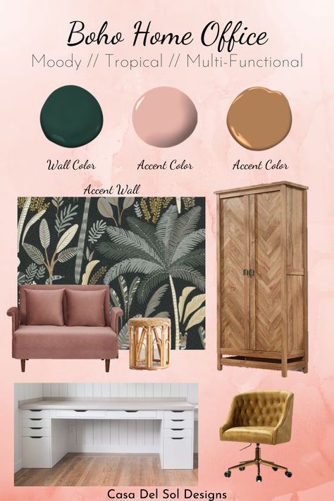 I'm so excited to reveal my home office design plans! I'll be bringing a moody, tropical boho vibe with deep green walls, a tropical accent wall and wood accents throughout. Green And Blue Office Design, Home Office Wallpaper Accent Wall Bedroom, Home Office Tropical Design, Wallpaper Officr, Pink Home Office Ideas Bohemian, Office Wallpaper Accent Wall Home Office, Gold And Green Office Decor, Pink And Green Home Office Ideas, Moody Green Office Space