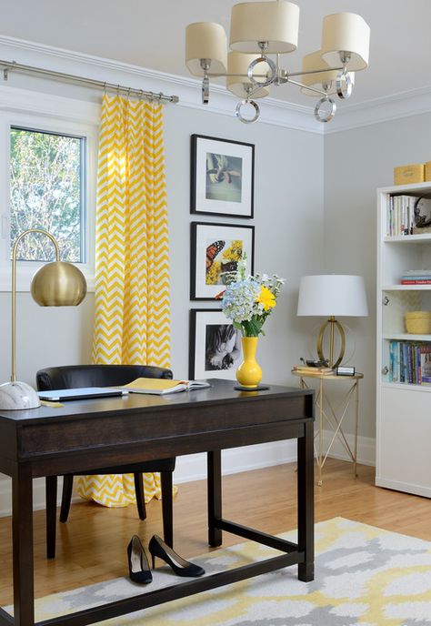 Yellow Home Office, Pale Yellow Walls, Mid Century Modern Home Office, Blue Home Offices, Yellow Office, Cozy Bedroom Design, Cozy Home Office, Contemporary Home Office, Light Grey Walls