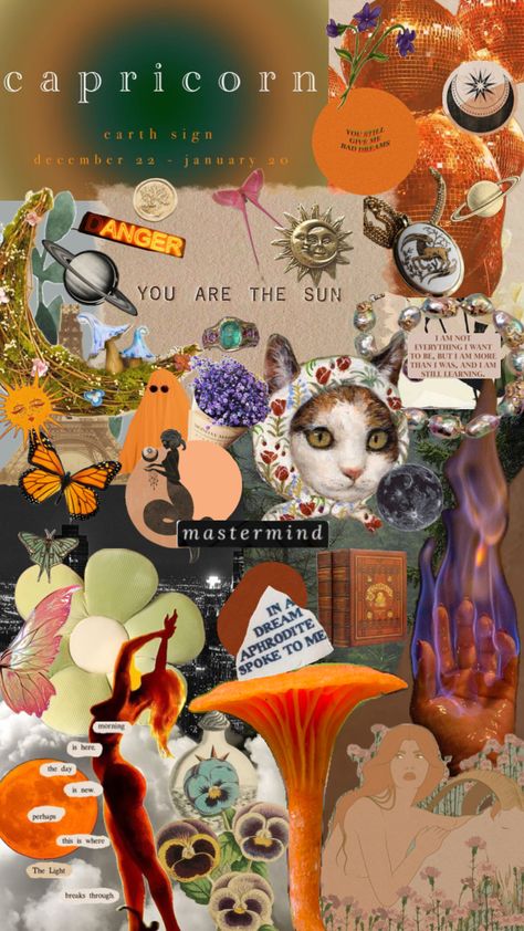 #capricorn #collage #collageart #capricornaesthetic #mushrooms #saturn #orange #fyp #foryou #foryoupage Capricorn Saturn Aesthetic, Capricorn Mars Aesthetic, Capricorn Sun Aesthetic, Capricorn Collage, Capricorn Saturn, Capricorn Earth Sign, Capricorn Sun, Brand Aesthetics, Astrology Aesthetic