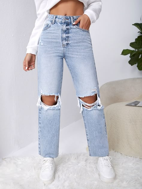 Light Wash  Collar  Denim Plain Straight Leg Embellished Non-Stretch  Women Denim Abercrombie Jeans, Traje Casual, Blouse Sleeveless, Abercrombie And Fitch Jeans, Cute Jeans, High Waisted Jeans, Loungewear Set, Floral Pants, Jeans Boyfriend