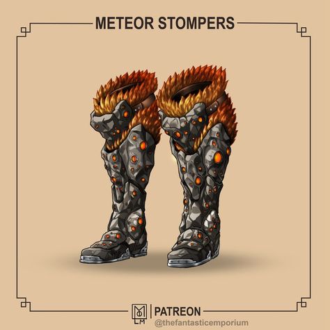 The Fantastic Emporium (@thefantasticemporium) • Instagram photos and videos Magic Boots Concept Art, Dnd Magic Boots, Boots Fantasy Art, Dnd Boots, Superhero Landing, Dnd Armor, Armor Boots, Magic Armor, Tactical Swords