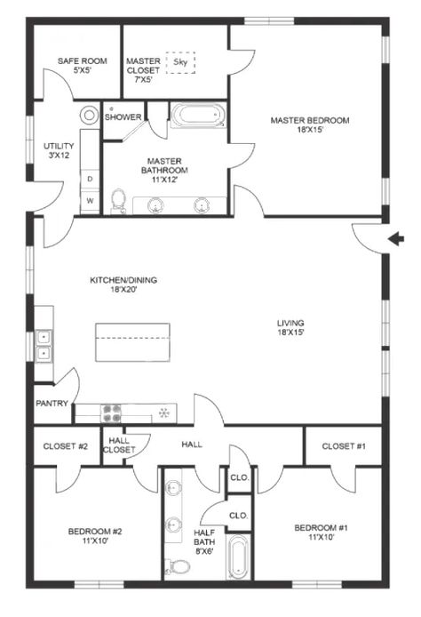 Open Concept Barndominium Floor Plans Map (With Layouts) Open Concept Bungalow Floor Plans, 60x30 House Plans Layout, Open Concept Blueprints, Barndominium Layout Open Concept, Open Concept Rectangle Floor Plan, Open Concept 3 Bedroom Floor Plan, Small Main Floor Layout Open Concept, Floor Plans Open Concept, Split Bedroom Floor Plans Open Concept