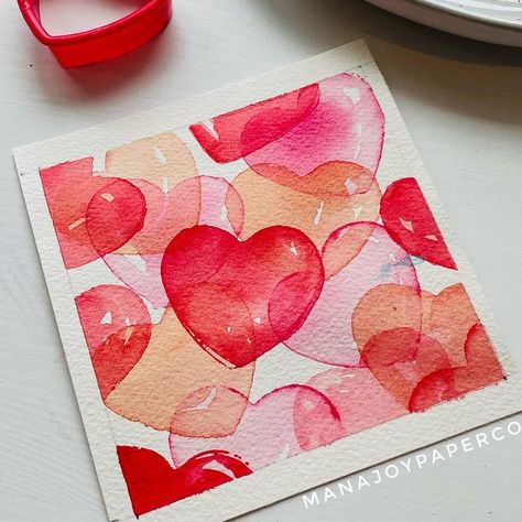 Here is the Tutorial for the juicy hearts! 水彩でジューシーなハートを描きました！ Step 1: Dip the cookie cutter in the paint or use your brush to spread the… | Instagram Love Paintings Easy, Valentine Painting Ideas, Heart Painting Ideas, February Watercolor, Heart Watercolor Painting, Watercolour Hearts, Valentines Instagram, Simple Watercolor Painting, Watercolor Christmas Cards Diy