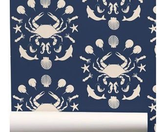 Navy wallpaper | Etsy Crab Wallpaper, Toile Wallpaper, Classic Coastal, Navy Wallpaper, Fish Wallpaper, Horse Shoe, Fish Print, Diy Installation, I Wallpaper